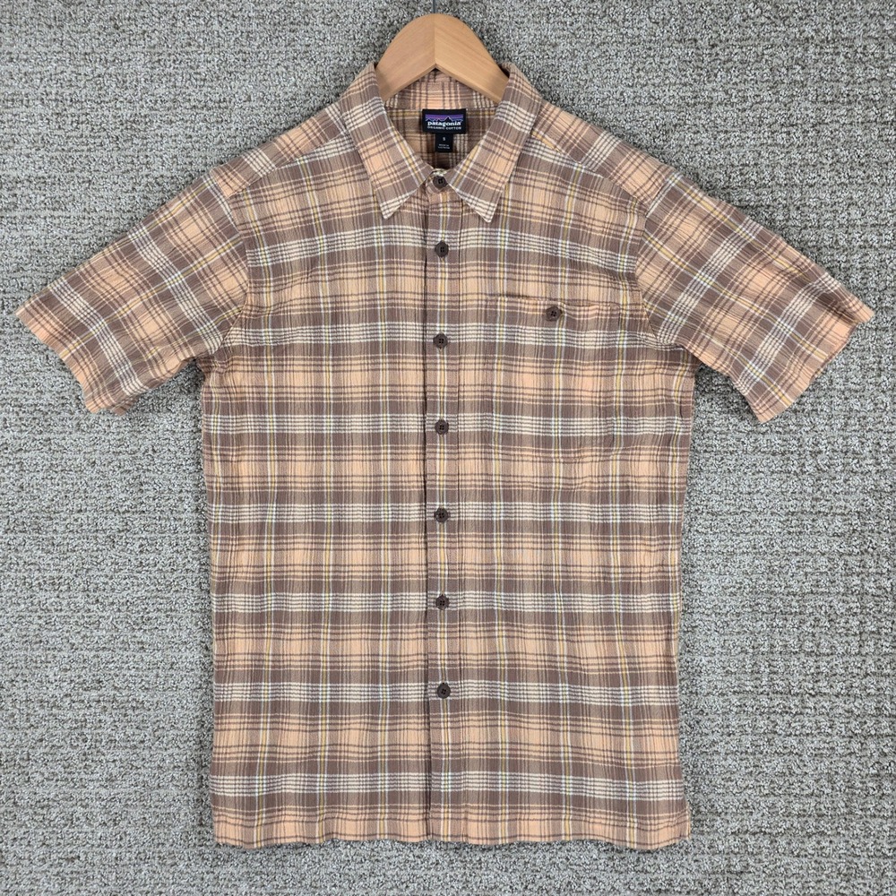 Patagonia Mens A/C Small Brown Plaid Cotton Short Sleeve Button Down Shirt